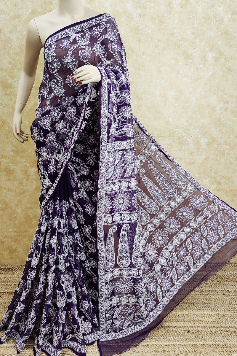 Royal Blue Colour Designer Hand Embroidered Lucknowi Chikankari Saree ( With Blouse - Georgette ) MC251761
